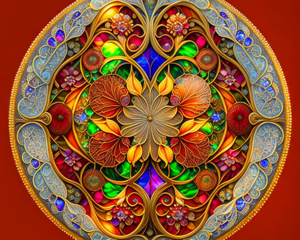 Colorful Mandala with Floral & Geometric Patterns on Red Background