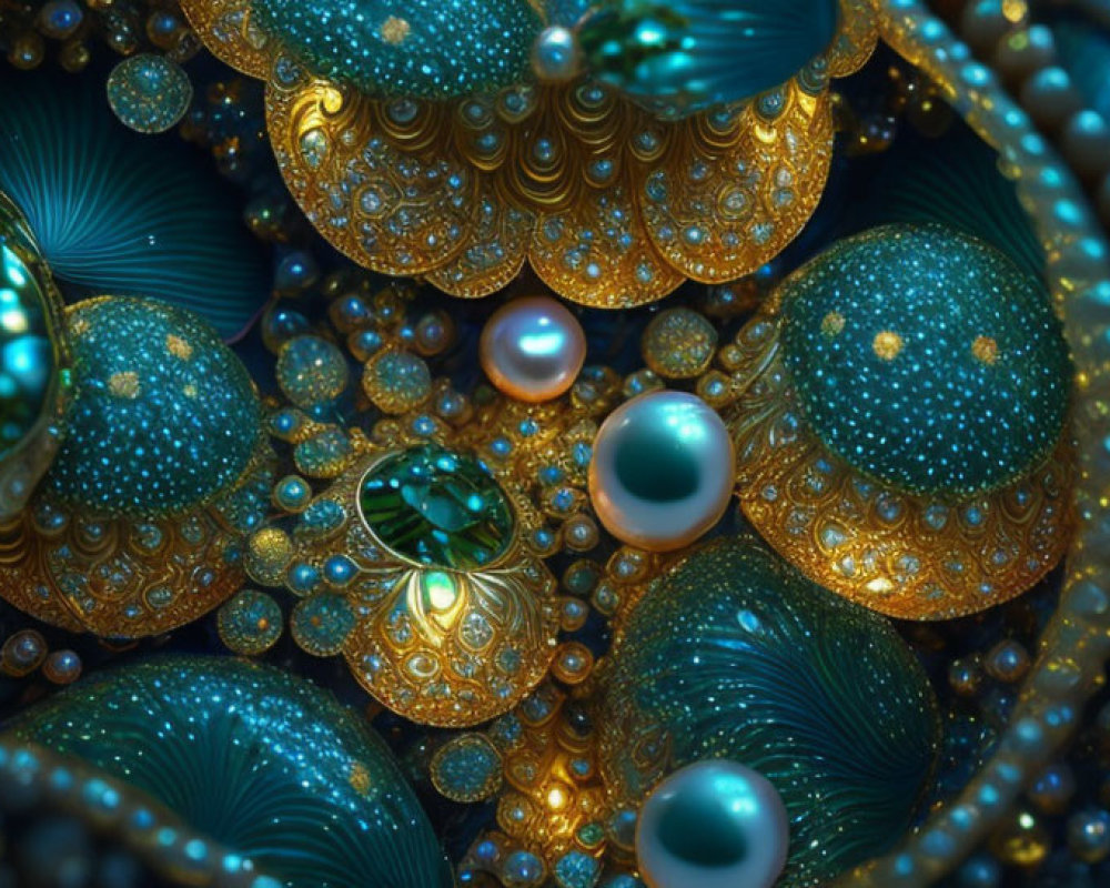 Blue and Gold Abstract Fractal Art with Spherical Shapes and Patterns