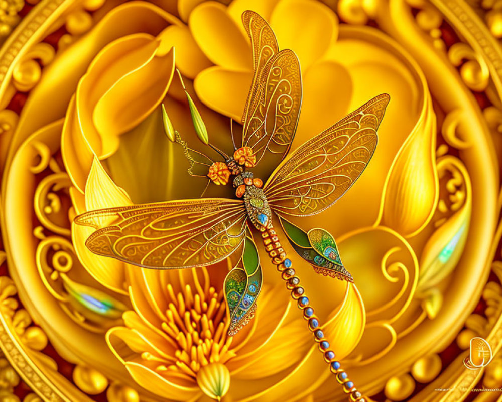 Golden dragonfly on yellow lotus in ornate digital art