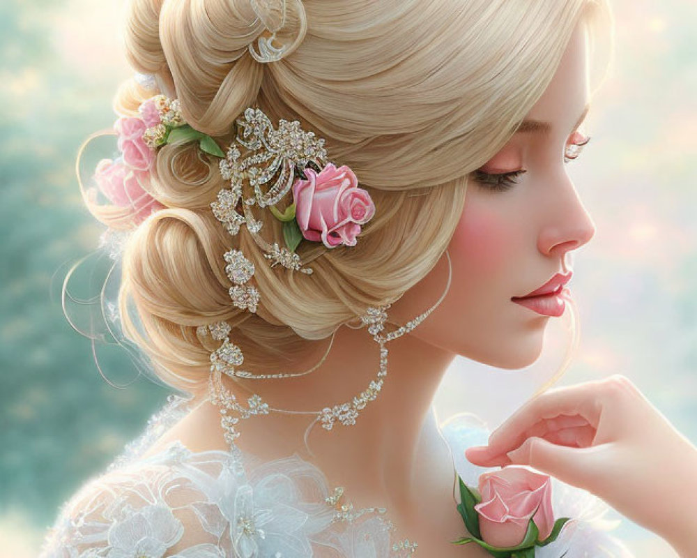 Illustrated woman with elegant updo and floral dress on dreamy background