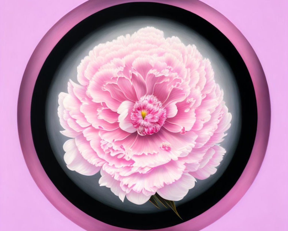 Vibrant pink peony in circular dark frame on soft pink background