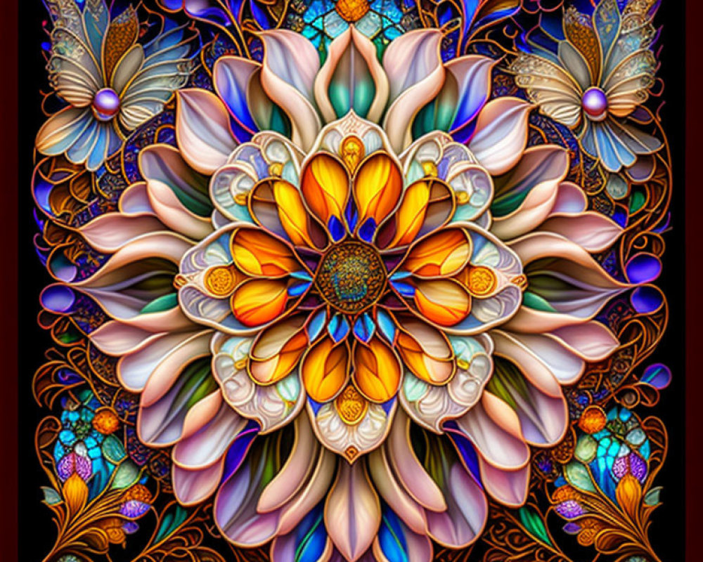 Symmetrical floral mandala in vibrant blues, oranges, and purples with stained glass style