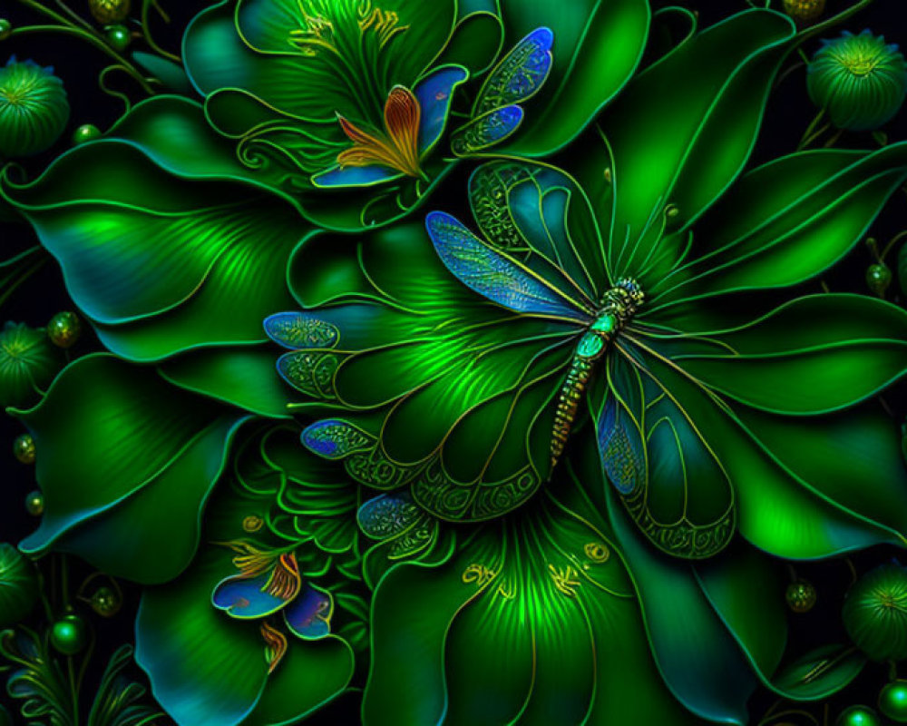 Vibrant Green Floral Composition with Dragonflies on Dark Background