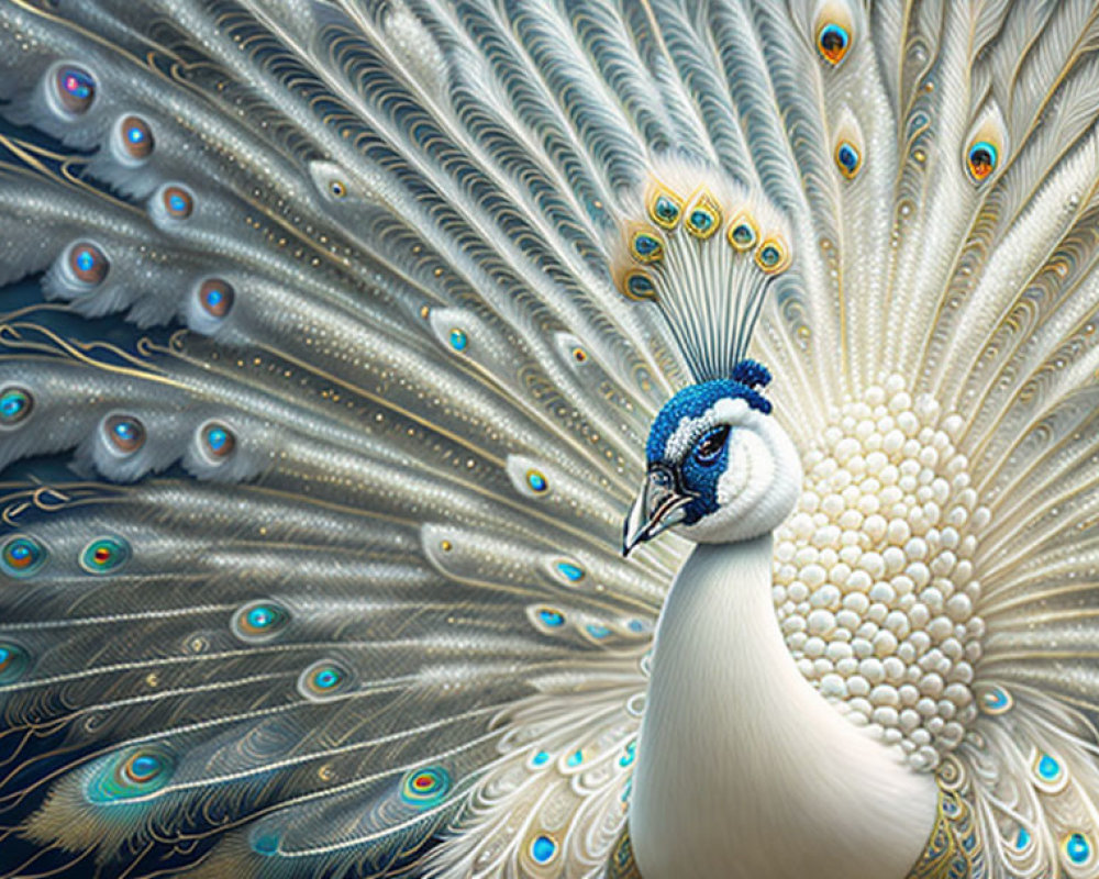 Majestic peacock with vibrant blue, green, and gold feather plumage