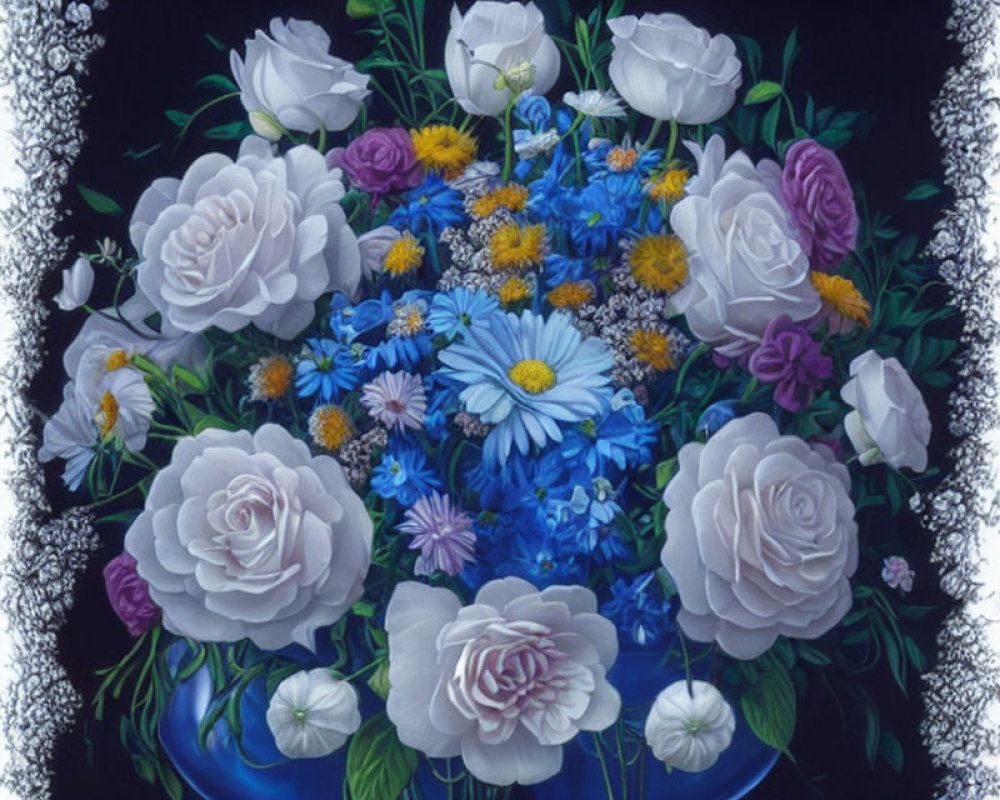 Colorful bouquet painting with white roses and blue flowers on black background
