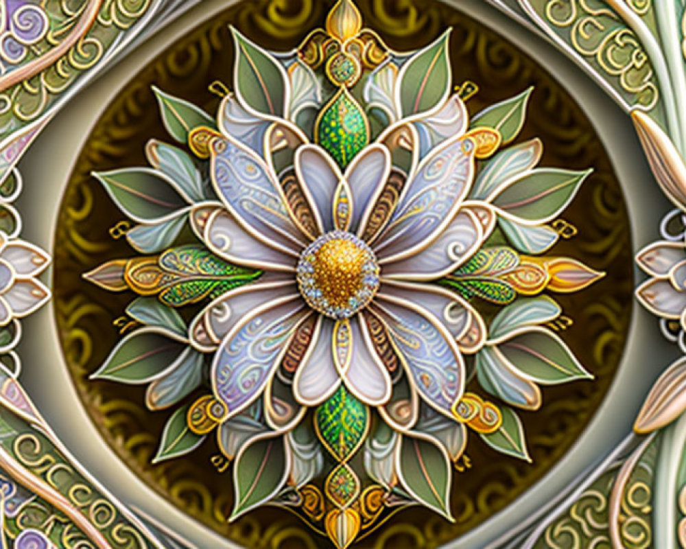 Symmetrical ornate floral fractal in pastel shades with gold accents
