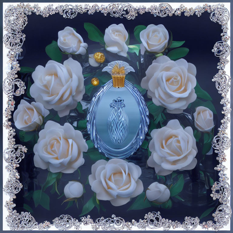 White Roses and Silver Decor Frame Oval Mirror with Blue Glass Perfume Bottle