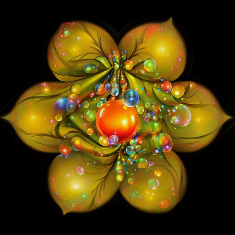 Colorful Fractal Flower Artwork with Golden Petals on Black Background