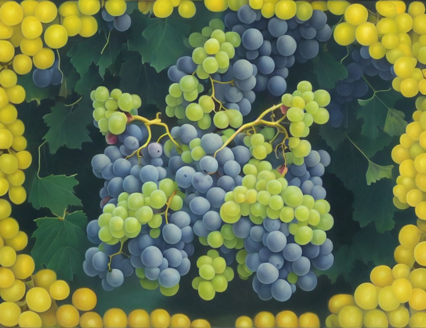 Illustration of ripe green and purple grapes on vine with grape leaves in dark background