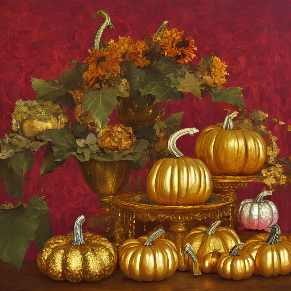 Golden pumpkins and orange flowers on red background with green leaves