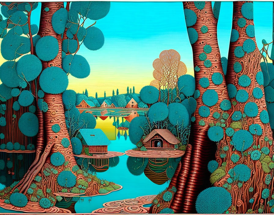 Fantastical forest illustration with oversized trees and quaint houses