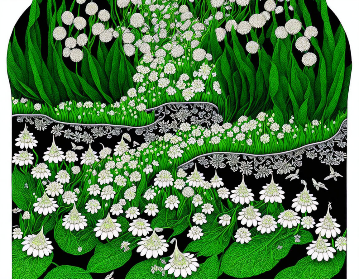 Detailed Black and White Garden Illustration with Leaves and Flowers