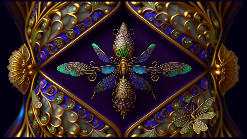 Intricate Dragonfly Artwork with Golden and Jewel-Toned Designs