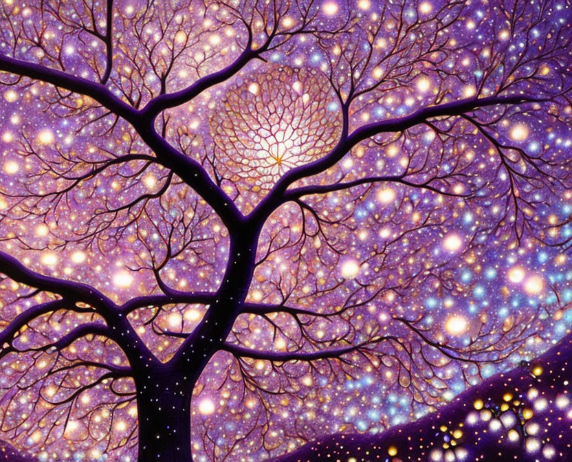 Whimsical purple tree painting under starry night sky