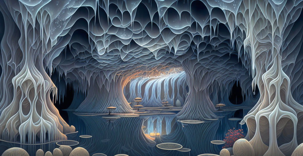 Luminescent Cave with Tree-like Formations and Starry Sky
