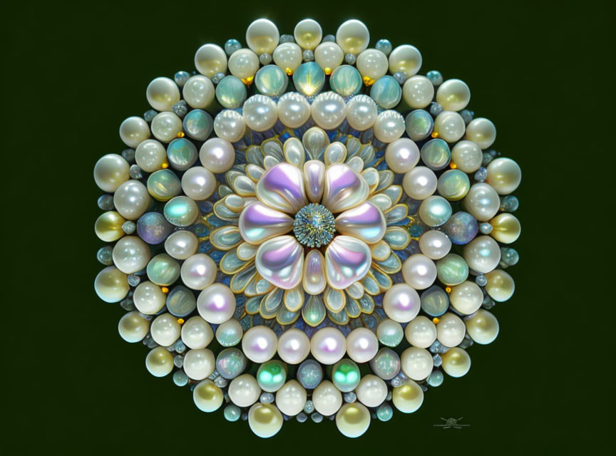Ornamental spherical digital artwork with flower center and pearl layers