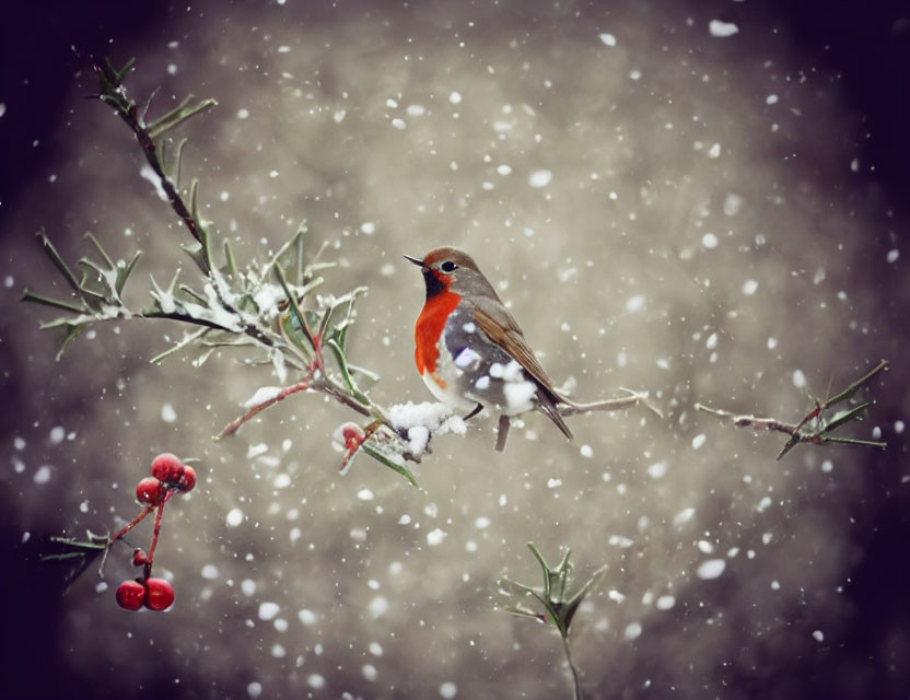 Robin perched on snowy branch with red berries in falling snowflakes