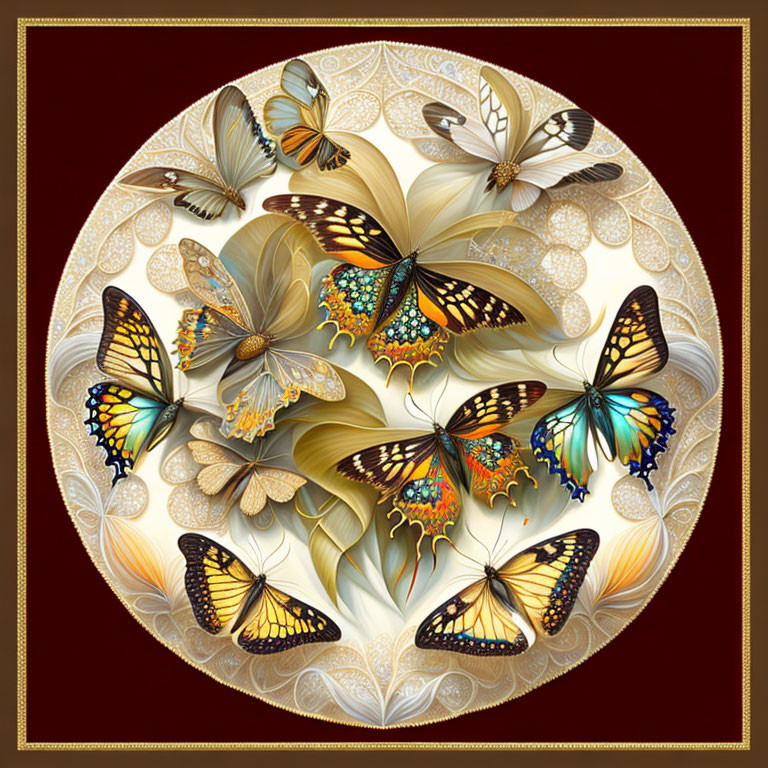 Colorful Butterfly Circle on Maroon Background with Golden Border