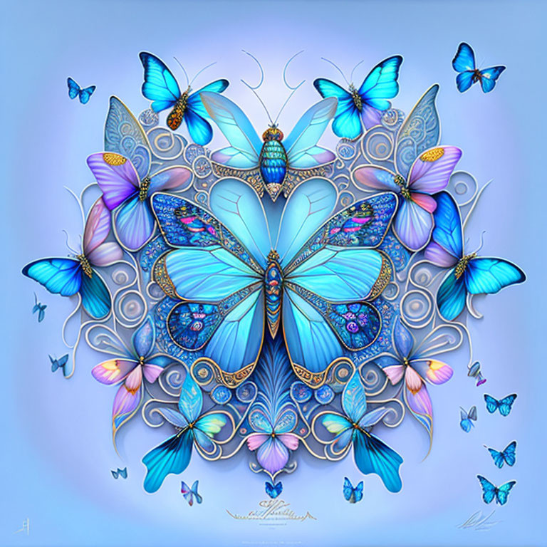 Symmetrical Blue Butterfly Artwork on Soft Blue Background