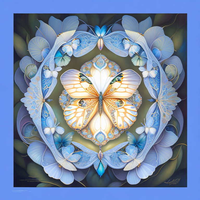 Symmetrical Butterfly and Floral Artwork in Blue and White