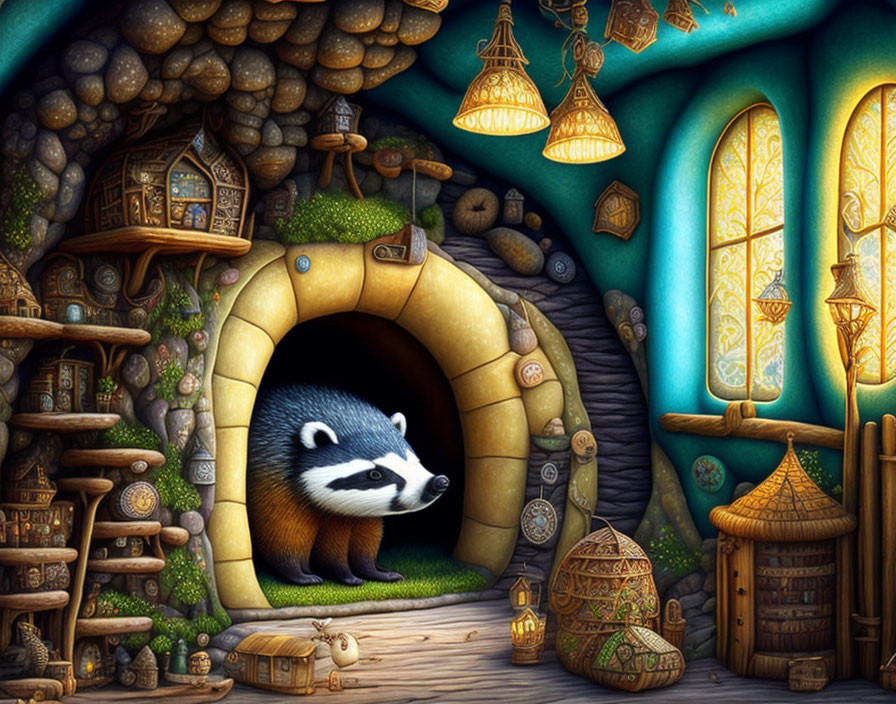 Whimsical badger illustration in cozy room