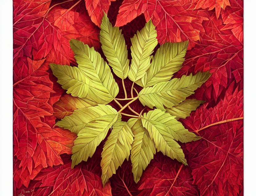 Colorful Leaf Arrangement with Green Center and Red Surrounding Leaves