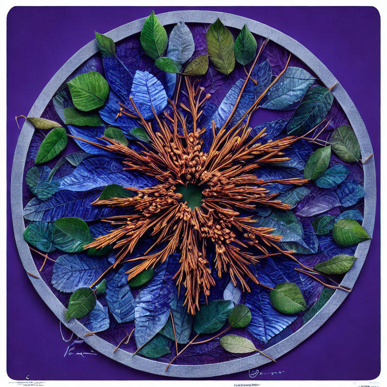 Circular Art Piece: Green and Blue Leaves, Brown Spikes, Purple Background