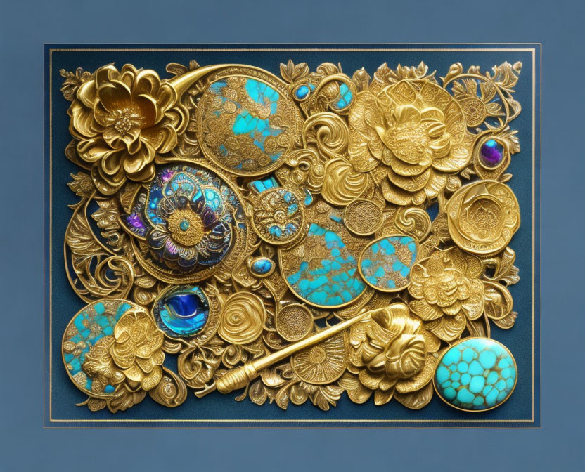 Detailed Golden Bas-Relief with Floral Motifs & Precious Stones