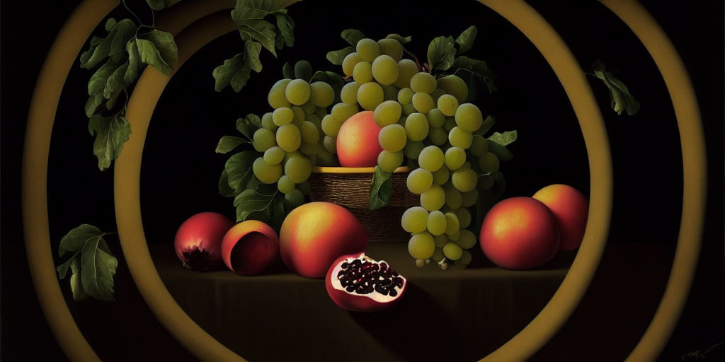 Still-life image of grapes, peaches, and pomegranate in a basket on dark background