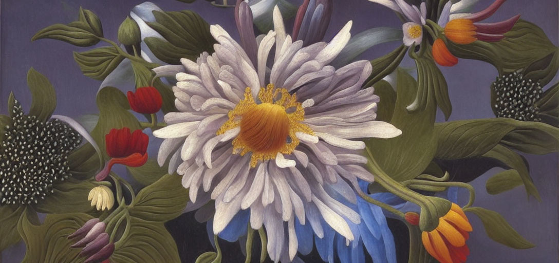 Detailed Still-Life Painting of Vibrant Flowers on Muted Purple Background