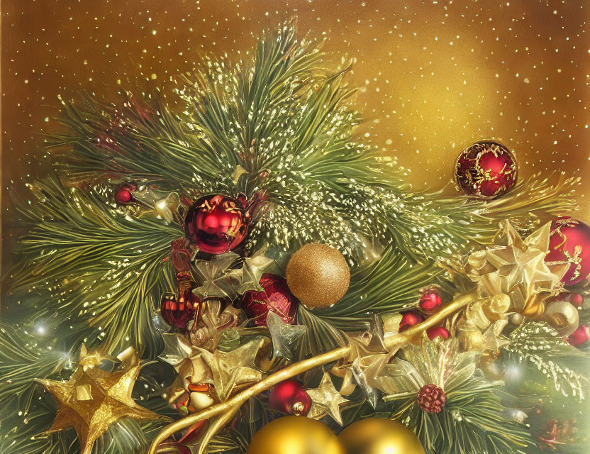 Christmas Pine Branches with Red and Gold Ornaments on Golden Background