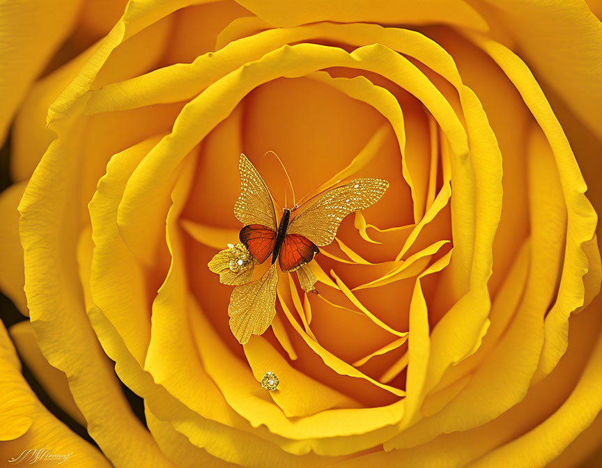 Orange Butterfly Resting on Yellow Rose Petals