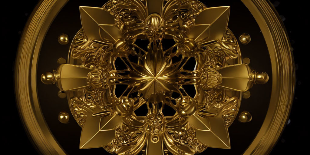 Symmetric golden fractal design with intricate patterns and spherical elements