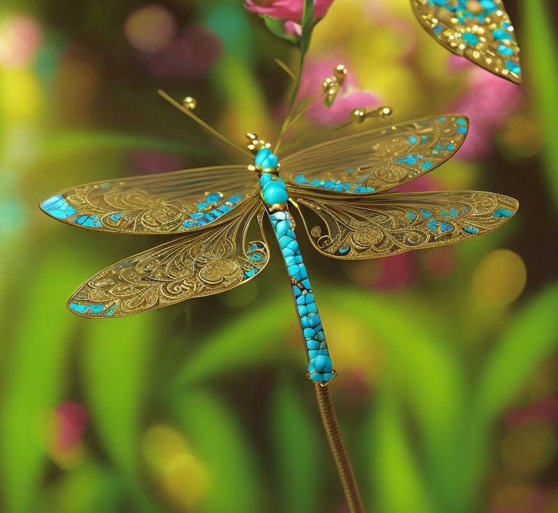 Intricate gold and turquoise jeweled dragonfly in vivid garden scene