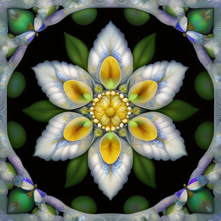 Symmetrical digital artwork: Floral pattern with petal-like shapes in white, yellow, blue, green