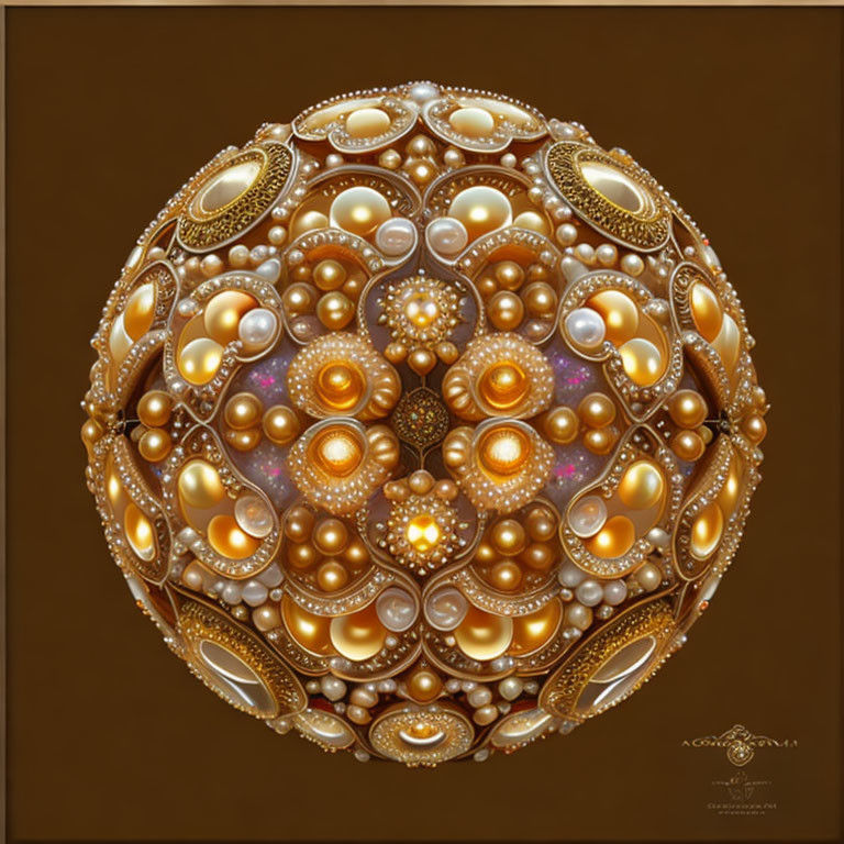 Intricate Fractal Patterns on Spherical Object in Gold, White, and Brown Hues