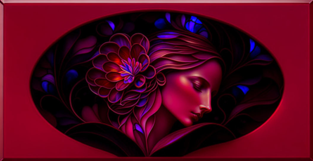 Woman's profile with vibrant floral motifs in stained glass style on deep red background