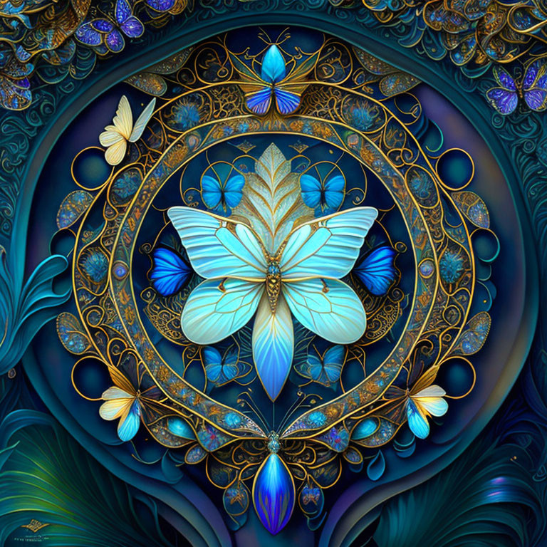 Symmetrical digital artwork with jewel-toned butterflies in golden frames