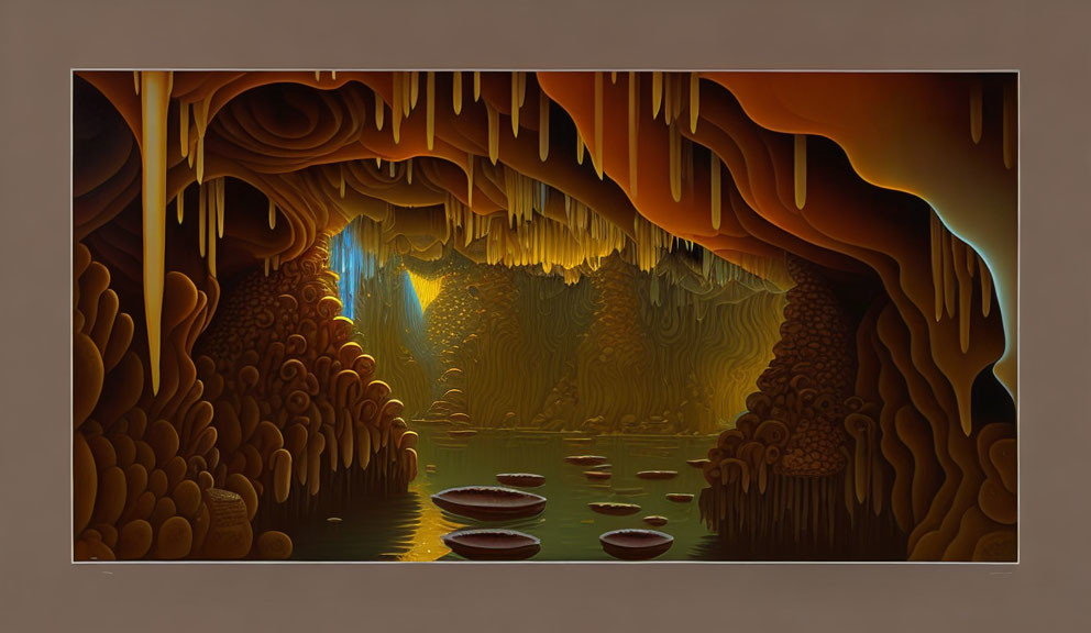 Golden-hued cave painting with stalactites, glowing entrance, and floating boat-like structures