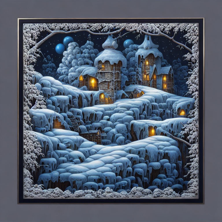 Snow-covered village with glowing windows under starry sky