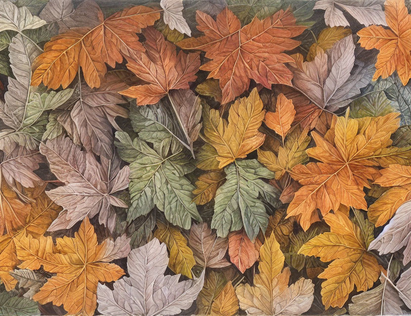 Vibrant fall leaves in orange, yellow, and brown hues with intricate textures.