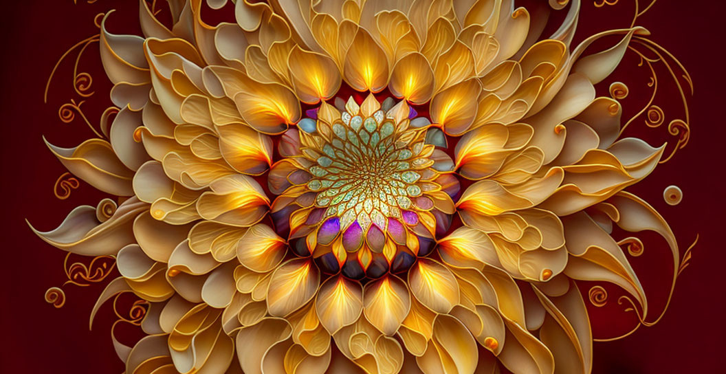 Intricate golden fractal flower on red background