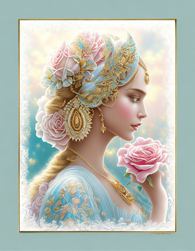 Elegant woman adorned with gold jewelry, tiara, blue dress, and roses