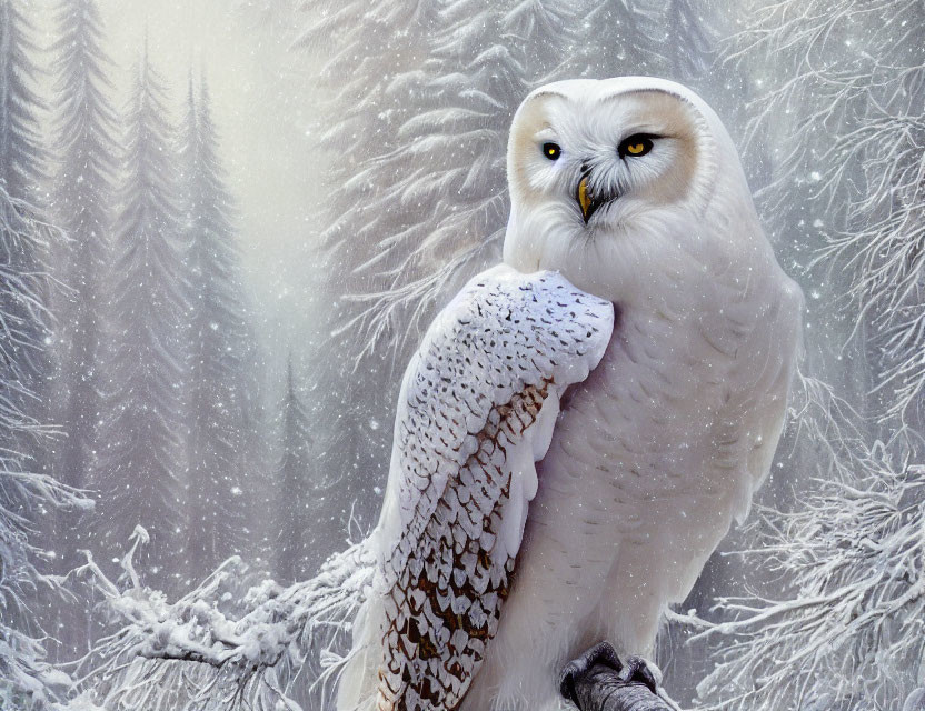 Snowy owl with yellow eyes perched in snowy forest
