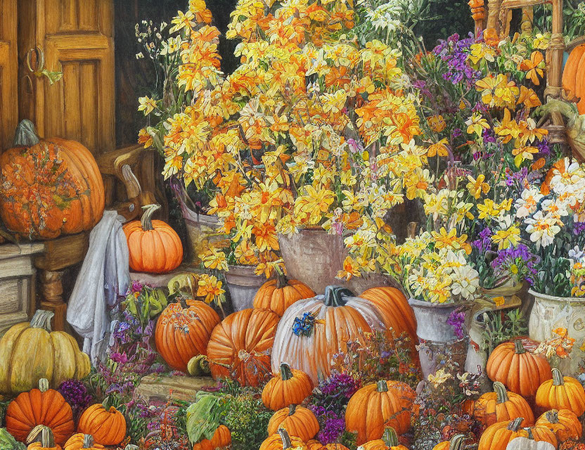 Autumn-themed scene with pumpkins, colorful flowers, and wooden door