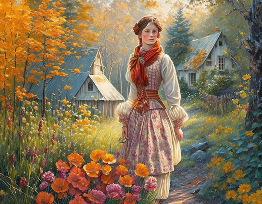 Young woman in vintage clothing surrounded by vibrant flowers and quaint cottages.