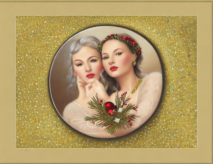Two women with silver hair in festive attire on glittery golden background