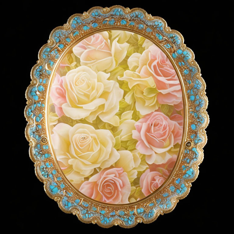 Intricate Blue and Gold Oval Frame with Blooming Roses Illustration