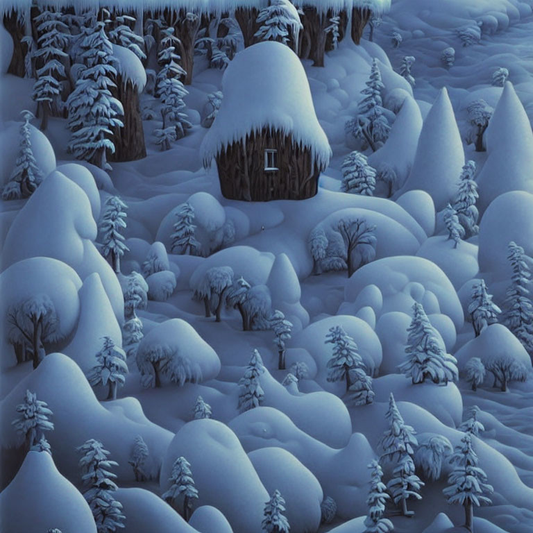 Snow-covered winter landscape with small cabin and trees in serene isolation