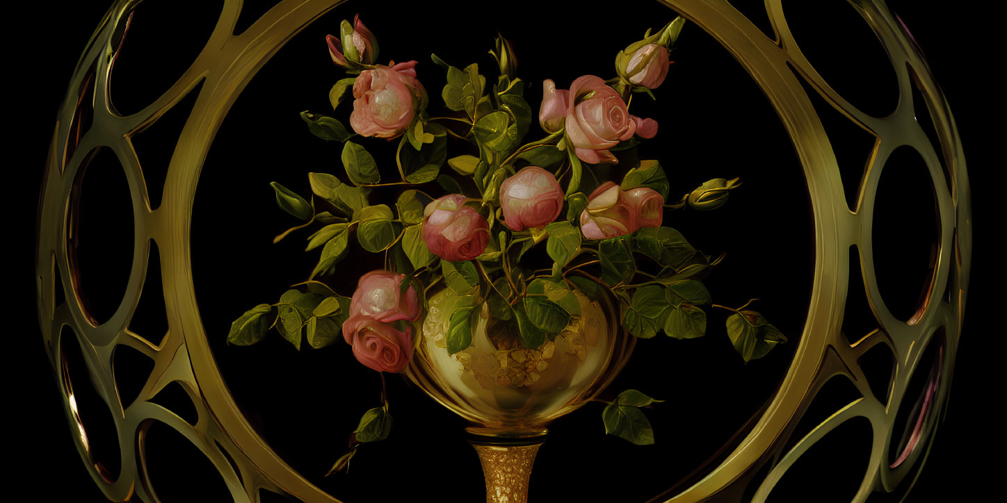 Pale Pink Roses in Golden Vase on Dark Background